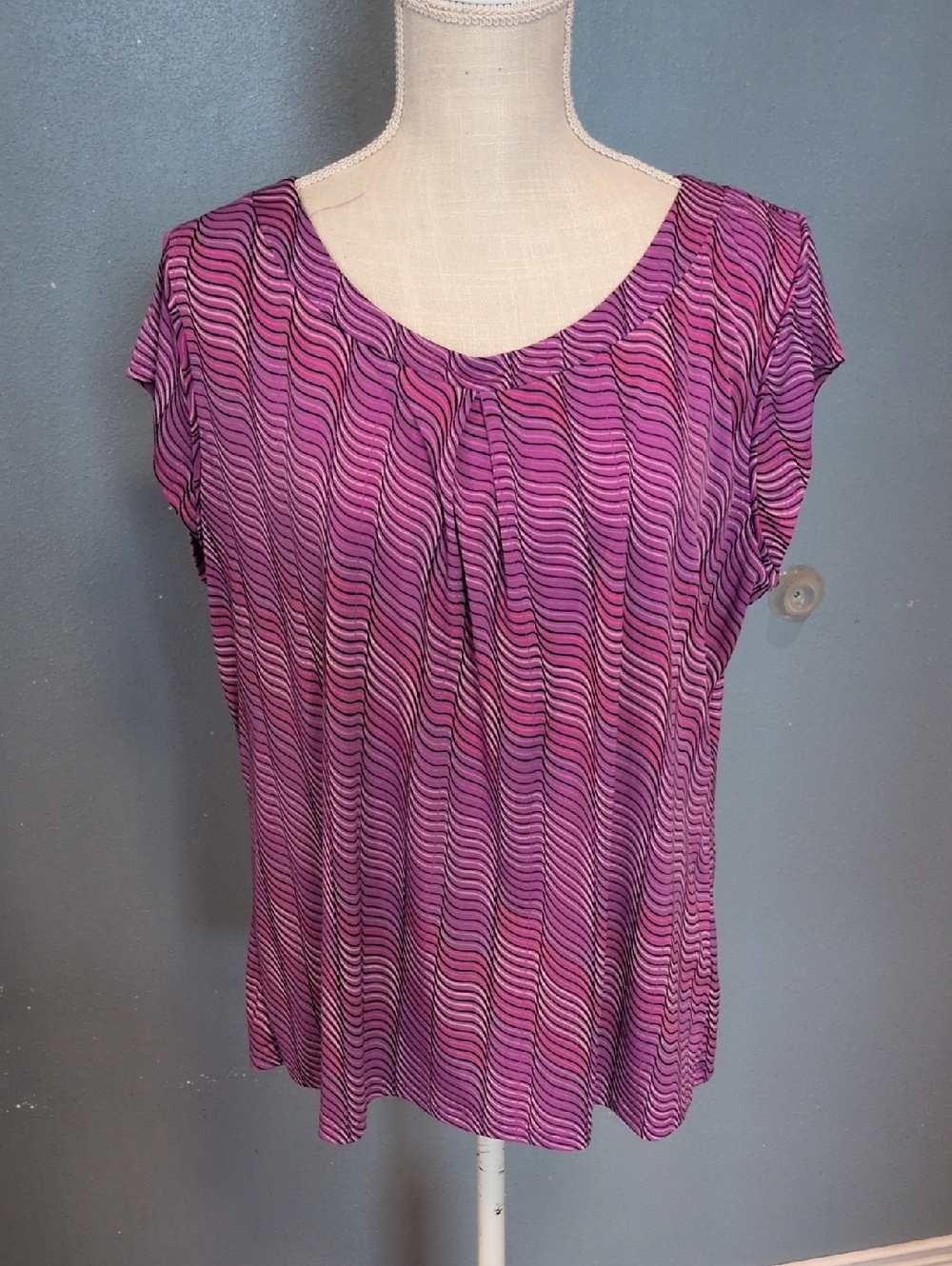Worthington Scoopneck Groovy Pattern High-low Hem Boho Ruched Neckline Blouse